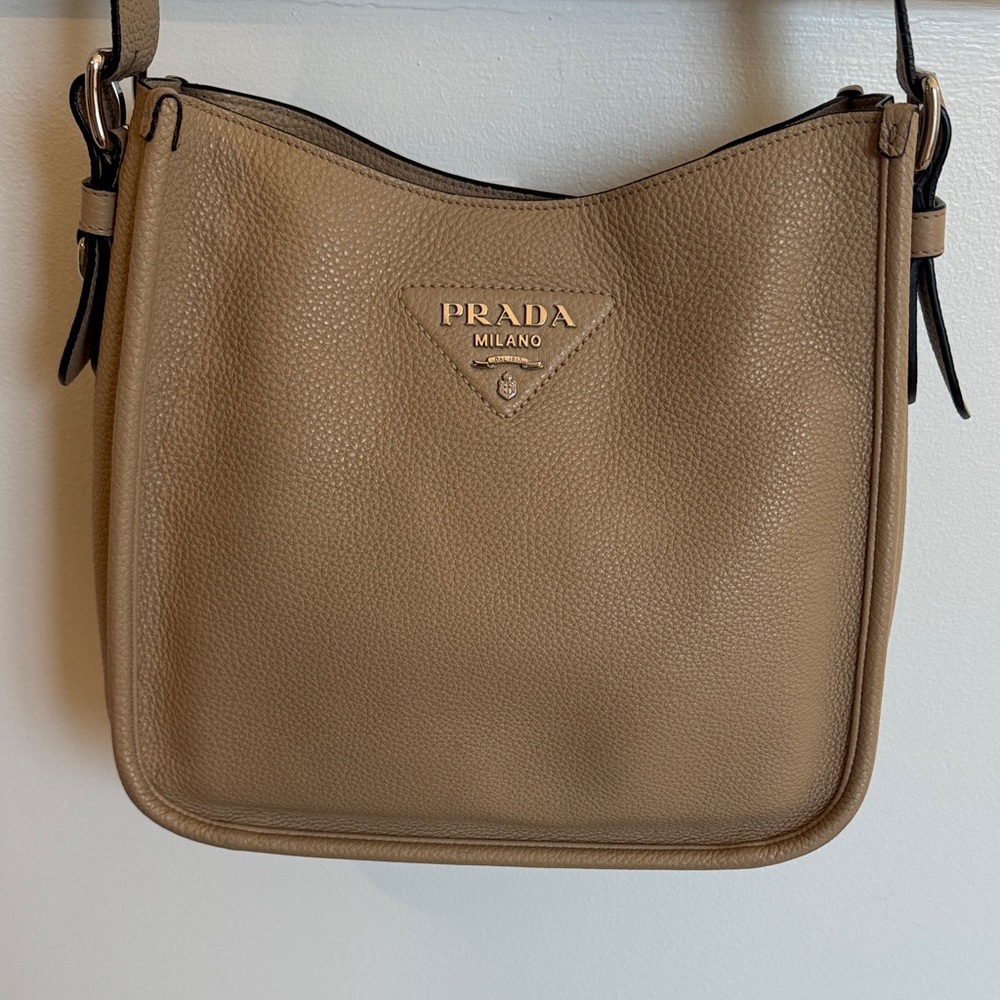 Prada Beige Sable Leather Crossbody Bag w Silver Hardware